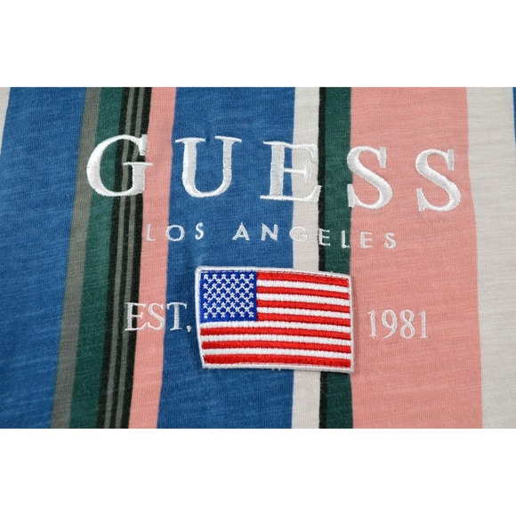 Guess LA Striped T-Shirt‎ Short Sleeve Embroidered Logo &  American Flag Men's L - Picture 12 of 13